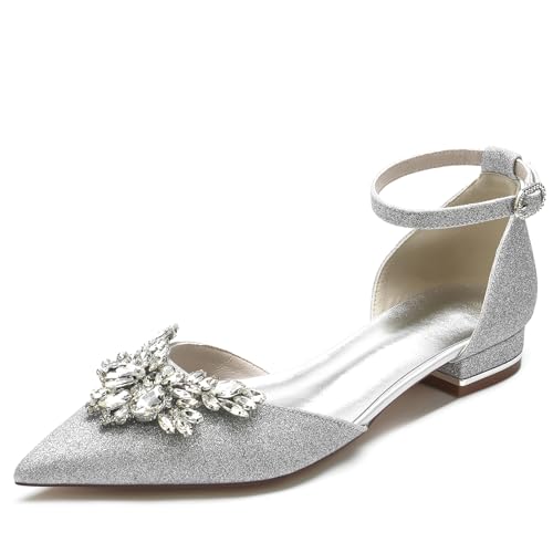 Brautschuhe Flache Glitzer für Damen Knöchelriemen Elegant Pumps,Silber,39 EU von EICOFF