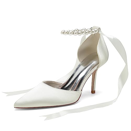 Brautschuhe Ivory, Hochzeitsschuhe Damen Geschlossene Spitz Toe, Frauen Absatzschuhe, Damen Klassische Pumps,Elfenbein,35 EU von EICOFF