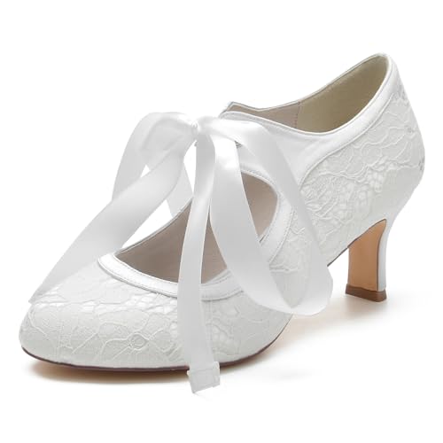 Brautschuhe Spitze Pumps mit Riemchen Damen Geschlossene Hochzeitsschuhe,Weiß,37 EU von EICOFF