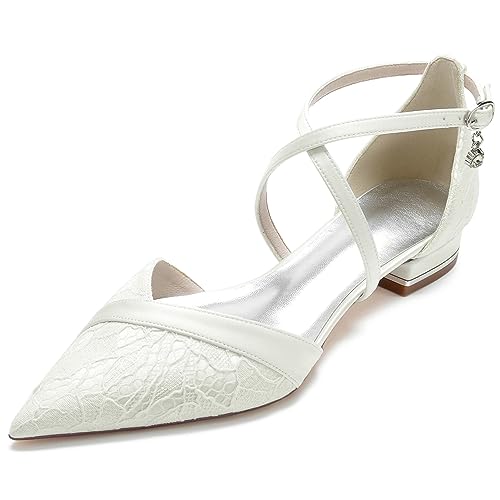 Brautschuhe Spitzen Satin Abend Party Hochzeit Low Heel Pumps Elegant,Elfenbein,40 EU von EICOFF