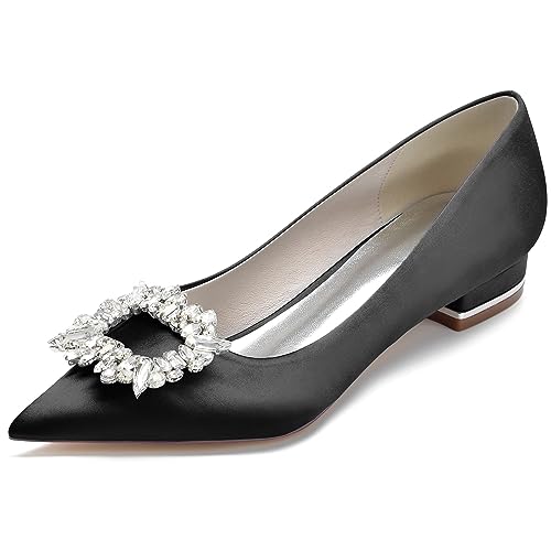 Damen Closed Toe Komfort Brautschuhe Flach Elegant Pumps Satin Hochzeitsschuhe,Schwarz,40 EU von EICOFF