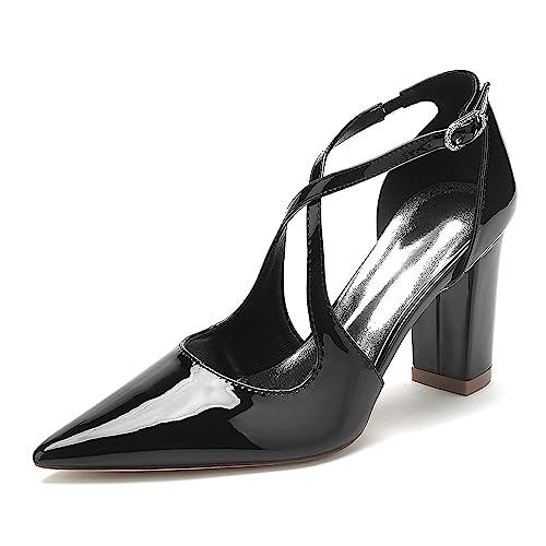 Damen Riemchen Pumps mit Absatz Frauen Spitz Toe Blockabsatz Abend Party Elegant Pumps,Schwarz,38 EU von EICOFF