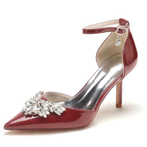 EICOFF Brautschuhe Damen Geschlossene Zehen Pumps Knöchelriemen High Heels Strass Absatzschuhe Verstellbare Schnalle Kleid Hochzeitsschuhe,Burgundy,42 EU von EICOFF