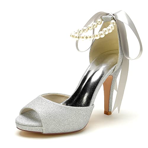 EICOFF Brautschuhe Damen Perlen Arbeit Pumps Offene Zehen Stilettos High Heels Knöchelriemen Plateau Kleid Partei Hochzeitsschuhe,Silber,40 EU von EICOFF