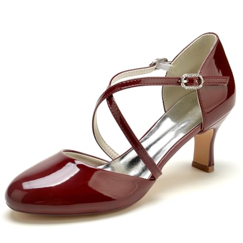 EICOFF Brautschuhe Damen Pumps Riemchenpumps Hochzeitsschuhe mit Kreuz Knöchelriemen Kitten Heels Geschlossener Spitze Arbeit Absatzschuhe,Burgundy,43 EU von EICOFF