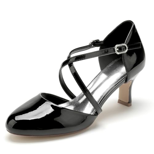 EICOFF Brautschuhe Damen Pumps Riemchenpumps Hochzeitsschuhe mit Kreuz Knöchelriemen Kitten Heels Geschlossener Spitze Arbeit Absatzschuhe,Schwarz,40 EU von EICOFF