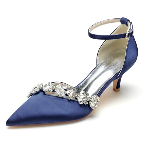 EICOFF Brautschuhe Damen Riemchen Pumps mit Mittlerer Absatz Strass Kitten High Heels Spitze Zehen Knöchelriemen Hochzeit Arbeitschuhe,Dark Blue,42 EU von EICOFF