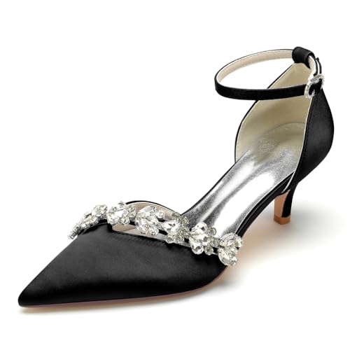 EICOFF Brautschuhe Damen Riemchen Pumps mit Mittlerer Absatz Strass Kitten High Heels Spitze Zehen Knöchelriemen Hochzeit Arbeitschuhe,Schwarz,37 EU von EICOFF