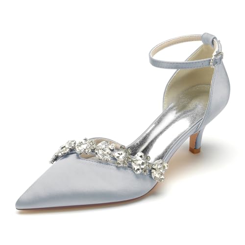 EICOFF Brautschuhe Damen Riemchen Pumps mit Mittlerer Absatz Strass Kitten High Heels Spitze Zehen Knöchelriemen Hochzeit Arbeitschuhe,Silber,39 EU von EICOFF