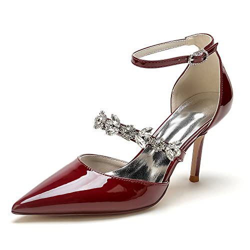 EICOFF Brautschuhe Damen Riemchenpumps mit High Heels Geschlossener Spitze Zehen Pumps Strass Knöchelriemen Absatzschuhe,Burgundy,41 EU von EICOFF