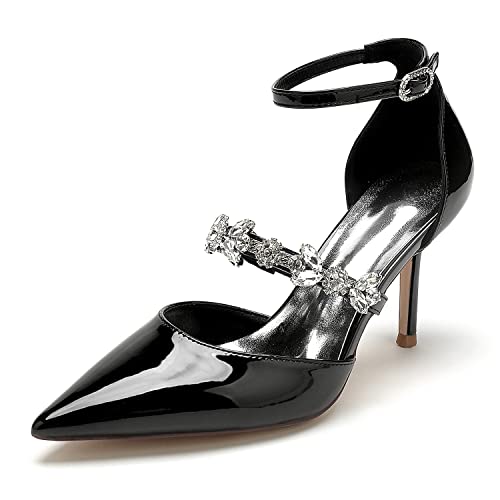 EICOFF Brautschuhe Damen Riemchenpumps mit High Heels Geschlossener Spitze Zehen Pumps Strass Knöchelriemen Absatzschuhe,Schwarz,36 EU von EICOFF