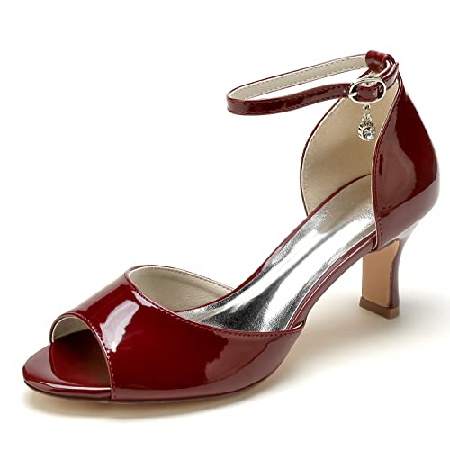 EICOFF Brautschuhe Damen Riemen Sandaletten mit Kitten Heel Pumps Offene Zehen Stilettos Absatzschuhe für Büro Hochzeiten und Partys,Burgundy,41 EU von EICOFF
