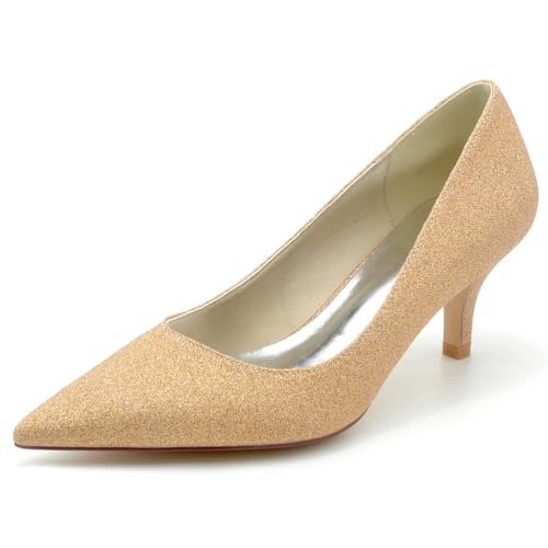 EICOFF Brautschuhe Damen Slip Auf Pumps mit Stiletto und Geschlossener Spitze Absatzschuhe Hochzeit Kleid Arbeitschuhe,Champagne,38 EU von EICOFF