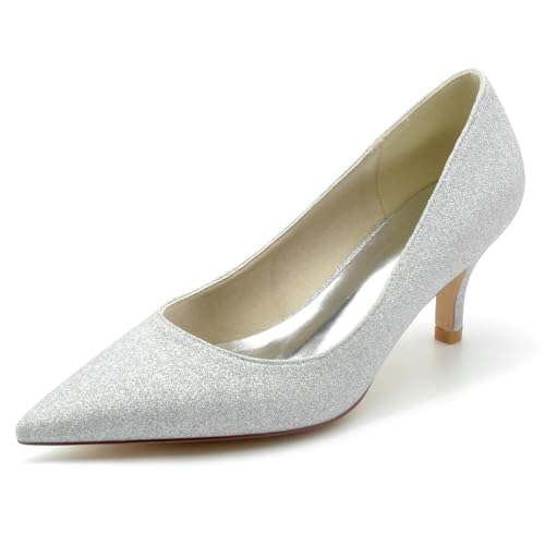 EICOFF Brautschuhe Damen Slip Auf Pumps mit Stiletto und Geschlossener Spitze Absatzschuhe Hochzeit Kleid Arbeitschuhe,Silber,37 EU von EICOFF