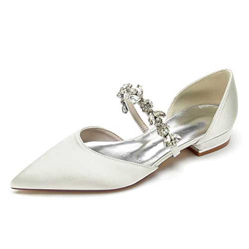 EICOFF Brautschuhe Flach Damen Geschlossene Zehen Slip On Niedriger Absatz Hochzeitsschuhe mit Strass Kleiderpumps,Elfenbein,40 EU von EICOFF