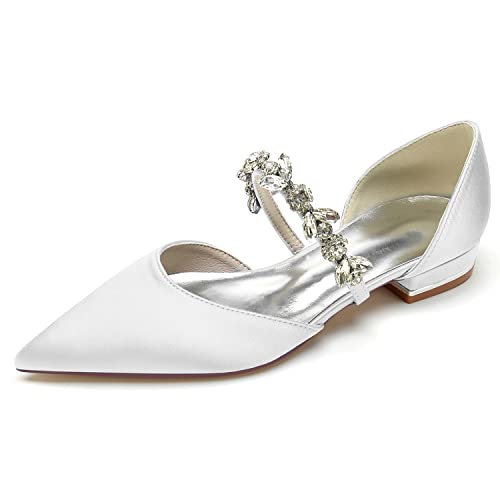 EICOFF Brautschuhe Flach Damen Geschlossene Zehen Slip On Niedriger Absatz Hochzeitsschuhe mit Strass Kleiderpumps,Weiß,43 EU von EICOFF