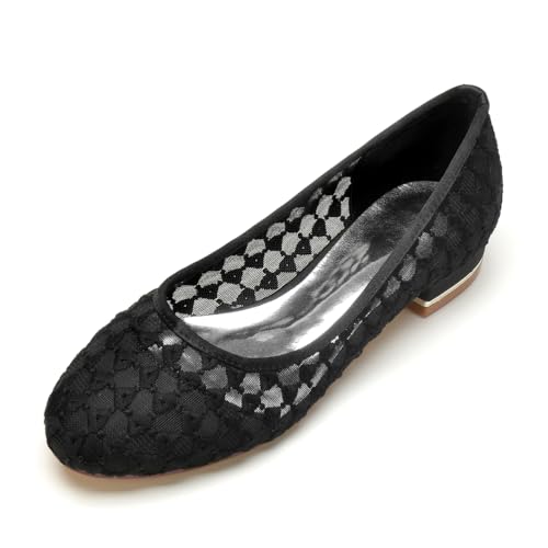 EICOFF Brautschuhe Flach Damen Niedriger Absatz Pumps Spitze Satin Runde Zehen Wohnung Ballerinas Slip Auf Partei Kleid Hochzeit Arbeitschuhe,Schwarz,41 EU von EICOFF