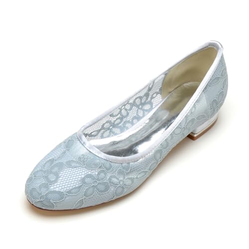EICOFF Brautschuhe Flach Damen Niedriger Absatz Pumps Spitze Satin Runde Zehen Wohnung Ballerinas Slip Auf Partei Kleid Hochzeit Arbeitschuhe,Silber,36 EU von EICOFF