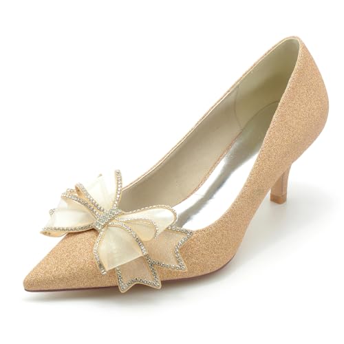 EICOFF Brautschuhe Frauen Pumps Bridal Absatzschuhe Damen Spitz Geschlossene Zehen Kristall Hochzeit Schuhe für Party Kleid Abend,Champagne,37 EU von EICOFF