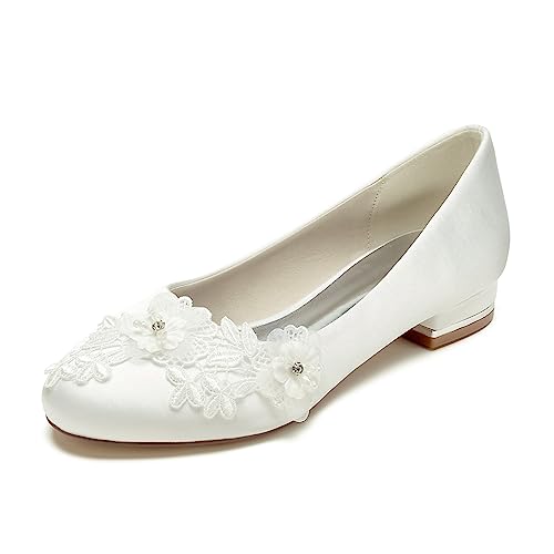 EICOFF Brautschuhe Ivory, Hochzeitsschuhe Damen Flach, Flache Schuhe Zum Kleid, Flache Schuhe für Damen Elegant Geschlossene Ballerinas Flach,Elfenbein,41 EU von EICOFF