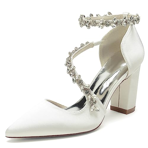 Brautschuhe Ivory, Hochzeitsschuhe Damen Knöchelriemen Blockabsatz, Bridal Geschlossene Absatzschuhe,Elfenbein,37 EU von EICOFF
