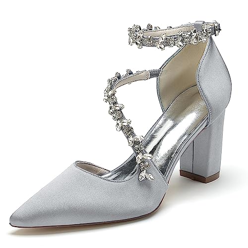 Brautschuhe Ivory, Hochzeitsschuhe Damen Knöchelriemen Blockabsatz, Bridal Geschlossene Absatzschuhe,Silber,40 EU von EICOFF