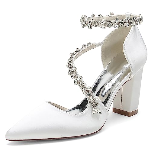 Brautschuhe Ivory, Hochzeitsschuhe Damen Knöchelriemen Blockabsatz, Bridal Geschlossene Absatzschuhe,Weiß,39 EU von EICOFF