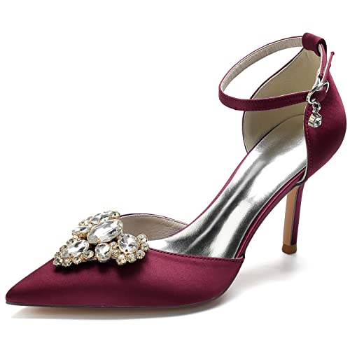 EICOFF Brautschuhe Ivory Hochzeitsschuhe Damen Geschlossene Spitz Toe Bridal Strass Knöchelriemen Absatzschuhe Formelles Ballkleid Pumps,Burgundy,36 EU von EICOFF