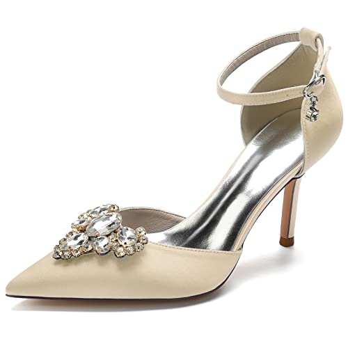 EICOFF Brautschuhe Ivory Hochzeitsschuhe Damen Geschlossene Spitz Toe Bridal Strass Knöchelriemen Absatzschuhe Formelles Ballkleid Pumps,Champagne,38 EU von EICOFF