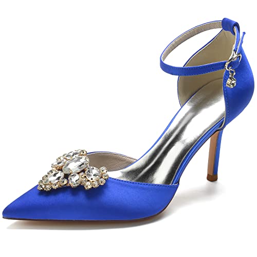 EICOFF Brautschuhe Ivory Hochzeitsschuhe Damen Geschlossene Spitz Toe Bridal Strass Knöchelriemen Absatzschuhe Formelles Ballkleid Pumps,Royal Blue,37 EU von EICOFF