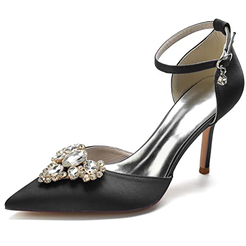 EICOFF Brautschuhe Ivory Hochzeitsschuhe Damen Geschlossene Spitz Toe Bridal Strass Knöchelriemen Absatzschuhe Formelles Ballkleid Pumps,Schwarz,37 EU von EICOFF