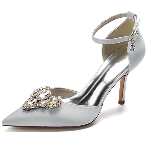 EICOFF Brautschuhe Ivory Hochzeitsschuhe Damen Geschlossene Spitz Toe Bridal Strass Knöchelriemen Absatzschuhe Formelles Ballkleid Pumps,Silber,35 EU von EICOFF