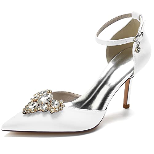 EICOFF Brautschuhe Ivory Hochzeitsschuhe Damen Geschlossene Spitz Toe Bridal Strass Knöchelriemen Absatzschuhe Formelles Ballkleid Pumps,Weiß,40 EU von EICOFF