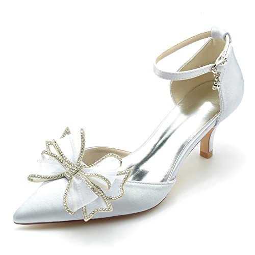 EICOFF Brautschuhe Kristall Perlen Schleifen Damen Pumps mit Mittlerer Absatzschuhe Geschlossene Zehen Knöchelriemen Kleid Hochzeitsschuhe,Silber,43 EU von EICOFF