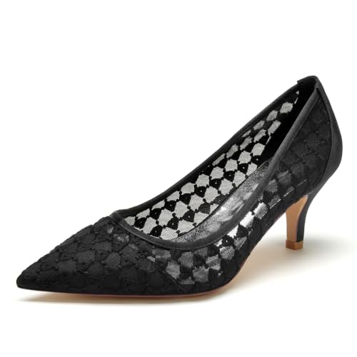 EICOFF Brautschuhe Lace Satin Hochzeitsschuhe Damen Closed Toe Absatzschuhe Slip Auf High Heels Pumps Kleid Partei Gericht Schuhe,Schwarz,42 EU von EICOFF