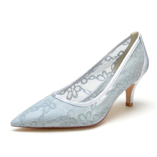 EICOFF Brautschuhe Lace Satin Hochzeitsschuhe Damen Closed Toe Absatzschuhe Slip Auf High Heels Pumps Kleid Partei Gericht Schuhe,Silber,39 EU von EICOFF