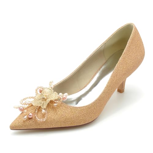 EICOFF Brautschuhe Perle Blumen Hochzeitsschuhe Damen Geschlossene Zehen Absatz Pumps Slip Auf Kleid Abende Arbeit Schuhe,Champagne,43 EU von EICOFF