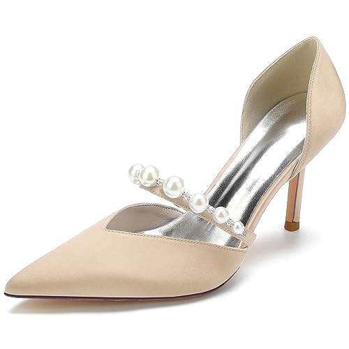 EICOFF Brautschuhe Perle Satin Hochzeitsschuhe Damen Closed Toe Absatzschuhe,Champagne,36 EU von EICOFF