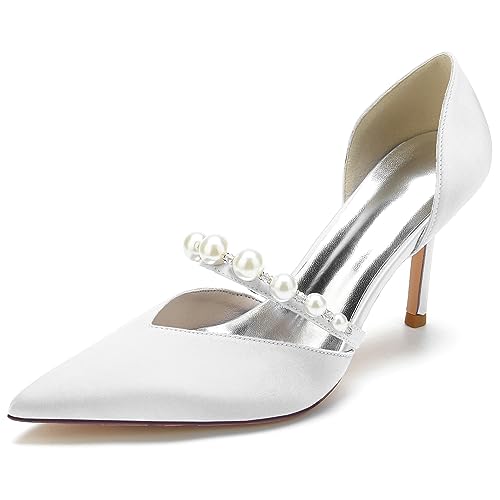 EICOFF Brautschuhe Perle Satin Hochzeitsschuhe Damen Closed Toe Absatzschuhe,Weiß,42 EU von EICOFF