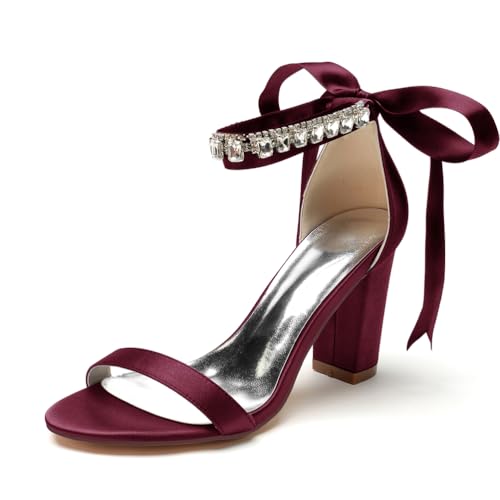 EICOFF Brautschuhe Weiß Damen Pumps mit Blockabsatz Riemchenpumps Offene Zehen Hohe Absätze Strass Knöchelriemen Hochzeiten Kleid Absatzschuhe,Burgundy,37 EU von EICOFF