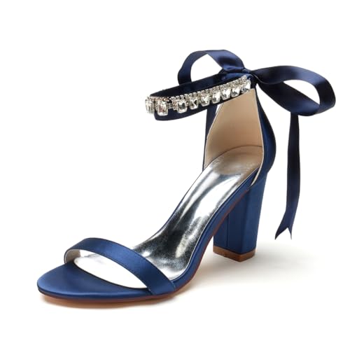 EICOFF Brautschuhe Weiß Damen Pumps mit Blockabsatz Riemchenpumps Offene Zehen Hohe Absätze Strass Knöchelriemen Hochzeiten Kleid Absatzschuhe,Dark Blue,42 EU von EICOFF