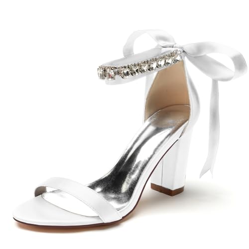 EICOFF Brautschuhe Weiß Damen Pumps mit Blockabsatz Riemchenpumps Offene Zehen Hohe Absätze Strass Knöchelriemen Hochzeiten Kleid Absatzschuhe,Weiß,39 EU von EICOFF