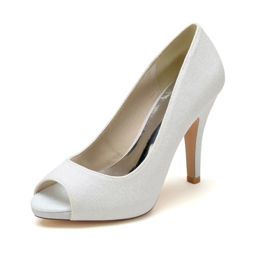 EICOFF Brautschuhe Weiß Hochzeitsschuhe Damen Offene Zehen Pumps Platform Absatzschuhe Slip Auf Stilettos High Heels Kleid Arbeitschuhe,Weiß,41 EU von EICOFF