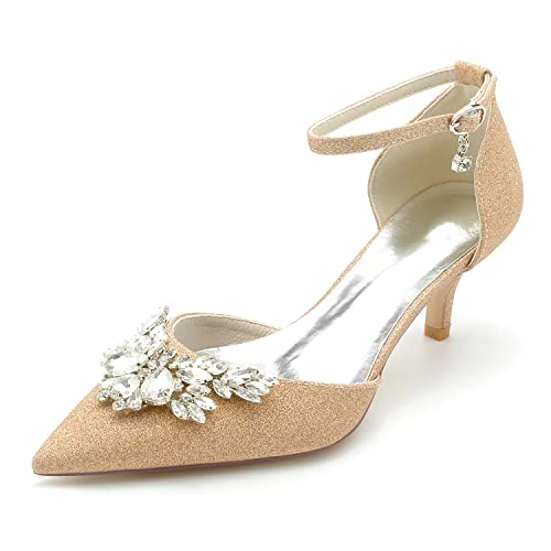EICOFF Bridal Brautschuhe Damen Riemchen Pumps mit Mittlerer Absatzschuhe Geschlossene Zehen Hochzeitsschuhe Kristall Perlen Partys Kleid Büro Arbeitschuhe,Champagne,42 EU von EICOFF