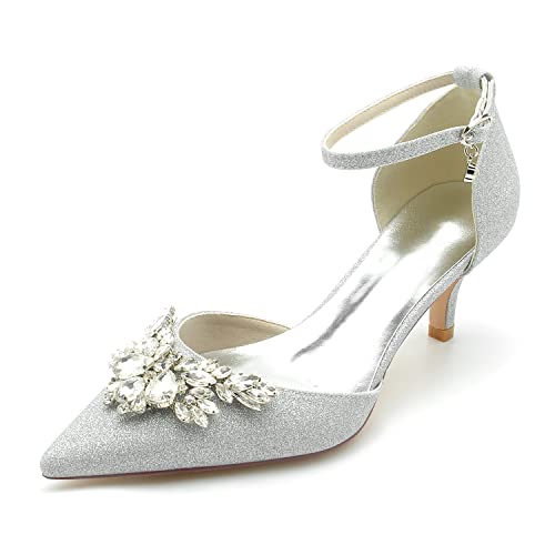 EICOFF Bridal Brautschuhe Damen Riemchen Pumps mit Mittlerer Absatzschuhe Geschlossene Zehen Hochzeitsschuhe Kristall Perlen Partys Kleid Büro Arbeitschuhe,Silber,41 EU von EICOFF