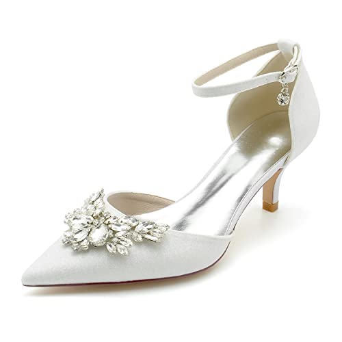 EICOFF Bridal Brautschuhe Damen Riemchen Pumps mit Mittlerer Absatzschuhe Geschlossene Zehen Hochzeitsschuhe Kristall Perlen Partys Kleid Büro Arbeitschuhe,Weiß,36 EU von EICOFF