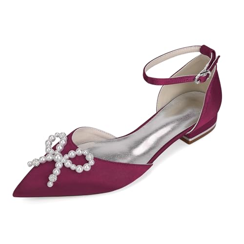 EICOFF Bridal Pearl Decorated Flat Sandals with Ankle Strap and Pointed Toe for Women Wedding Dress Party Events,Burgundy,42 EU von EICOFF