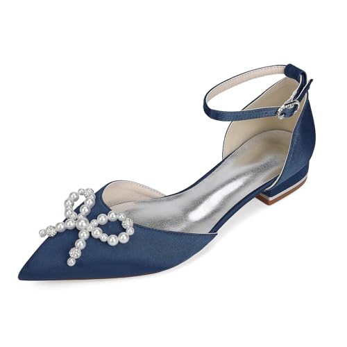 EICOFF Bridal Pearl Decorated Flat Sandals with Ankle Strap and Pointed Toe for Women Wedding Dress Party Events,Dark Blue,40 EU von EICOFF