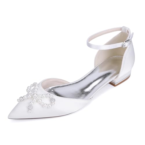 EICOFF Bridal Pearl Decorated Flat Sandals with Ankle Strap and Pointed Toe for Women Wedding Dress Party Events,Weiß,41 EU von EICOFF