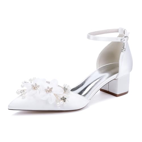 EICOFF Damen Blockabsatz Satin Hochzeitsschuhe Spitze Zehen Knöchelriemen Brautschuhe Strasssteine Perlen Blume Party Kleid Abende Schuhe,Weiß,39 EU von EICOFF